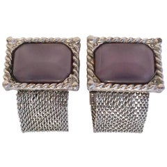 Vintage Pair Of Silver Metal Mesh Amethyst Lucite Moon Stone Cufflinks