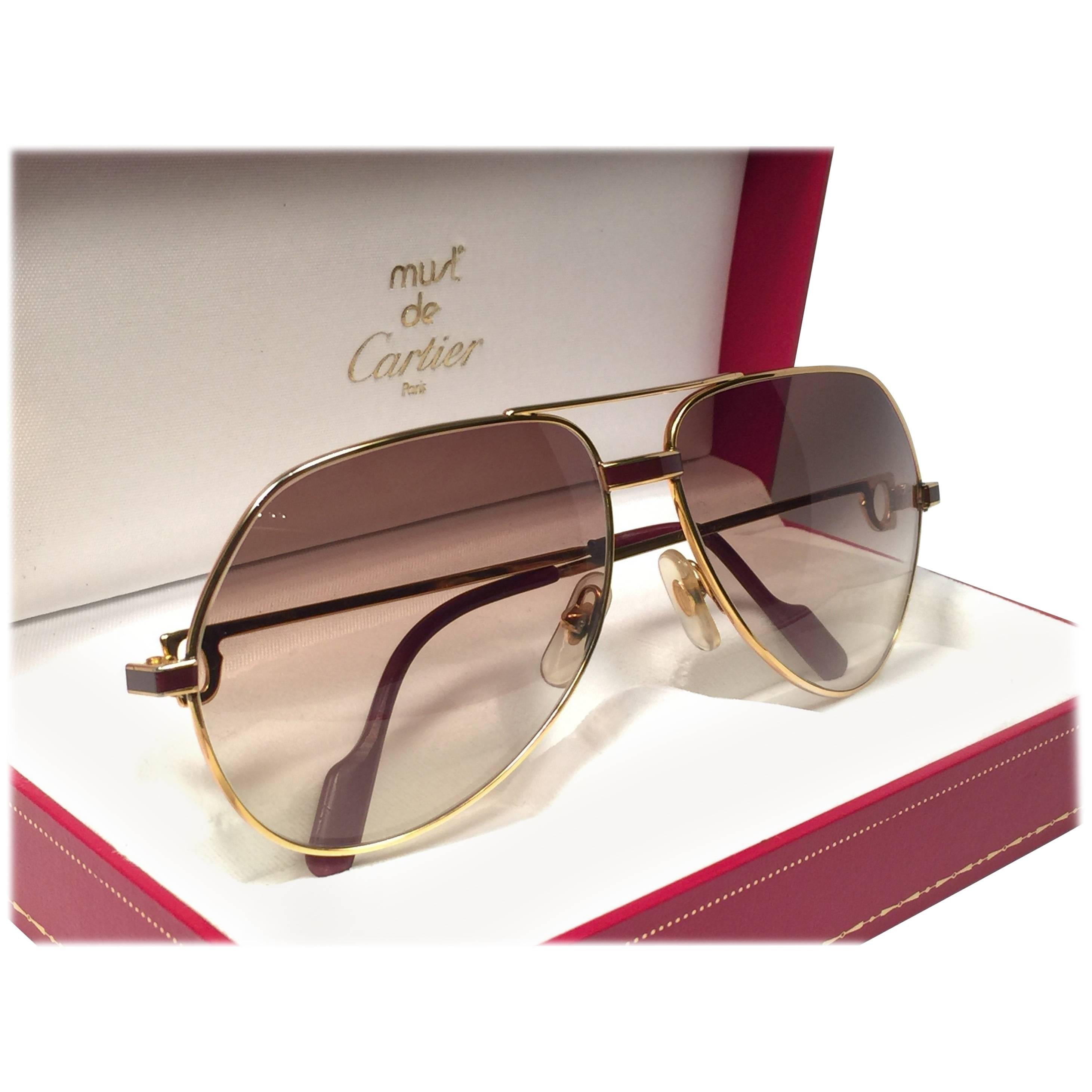 Vintage Cartier Laque de Chine Aviator Gold 56Mm Heavy Plated Sunglasses France