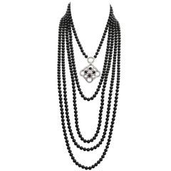 Chanel 2016 Black Beaded 5 Strand Necklace w/ Crystal CC Camellia