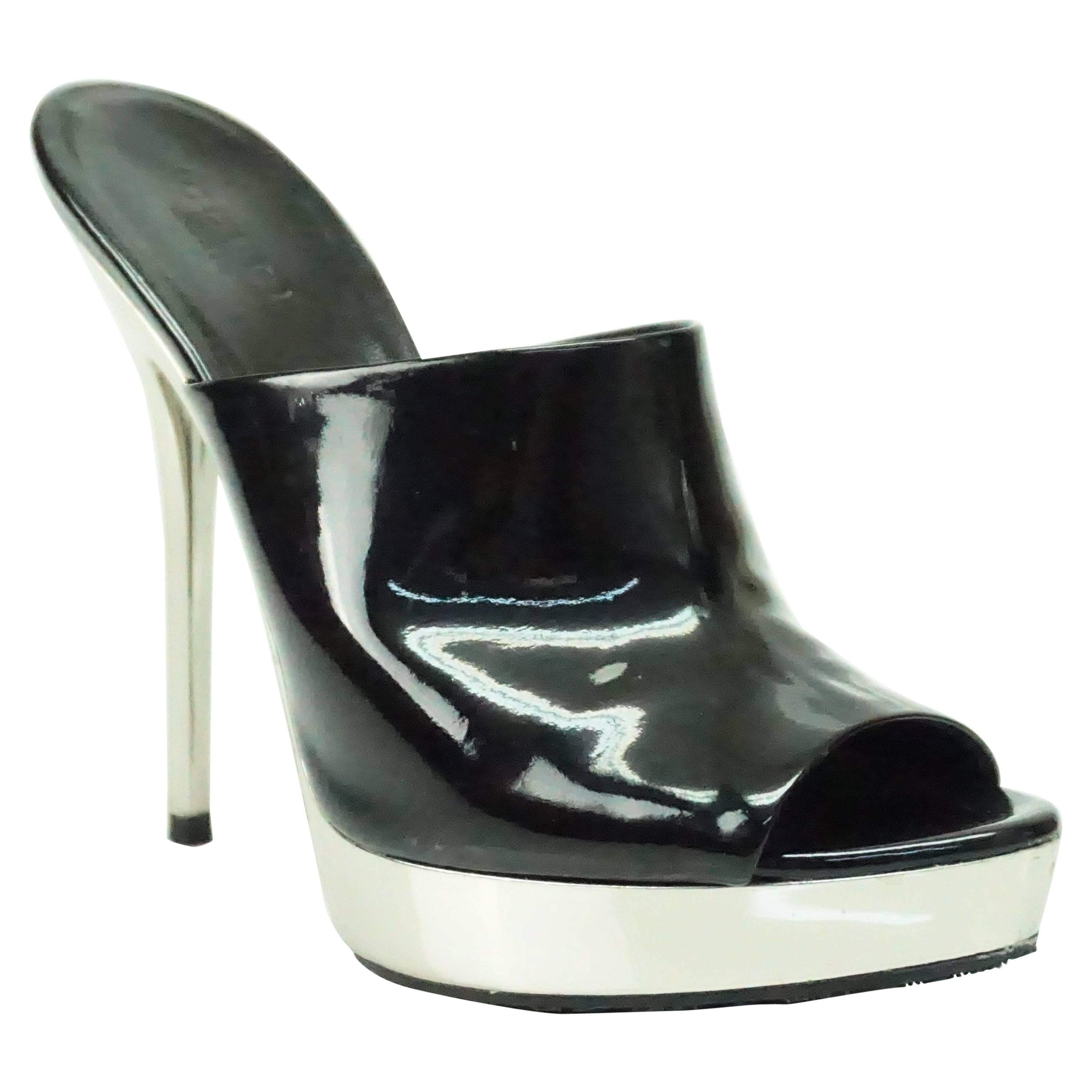 Gucci Black Patent Leather Platform Slide Sandal Heel - 36