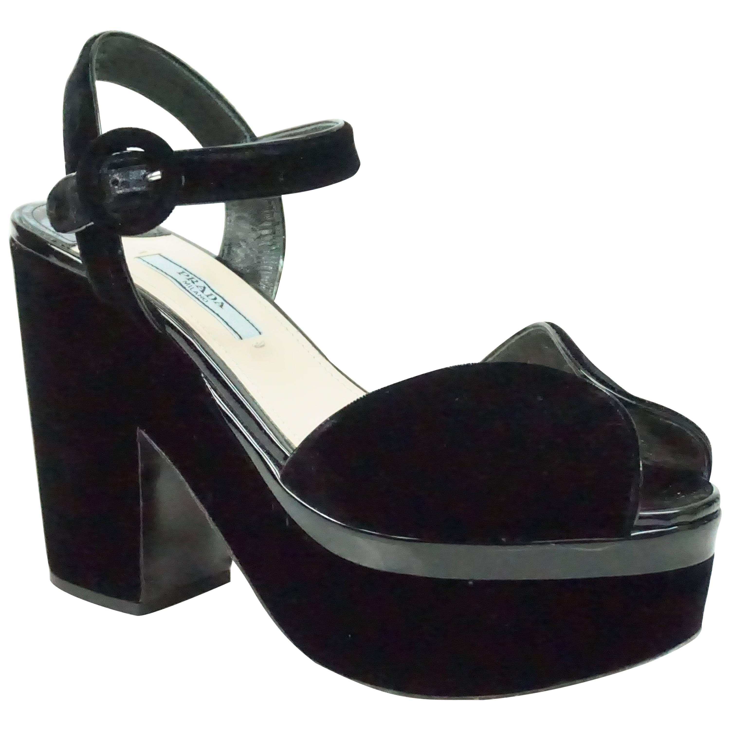 Prada Black Velvet Ankle Strap Platform Heel - 37