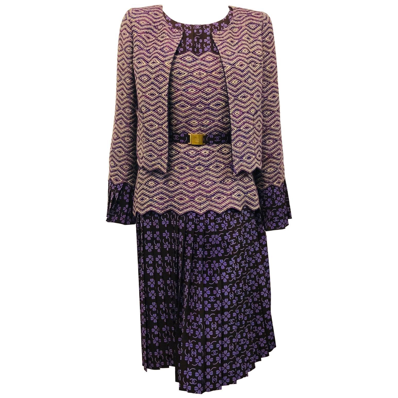 Chanel Spring Purple and Chocolate Silk and Rayon Wool Knit Ensemble 38 For Sale