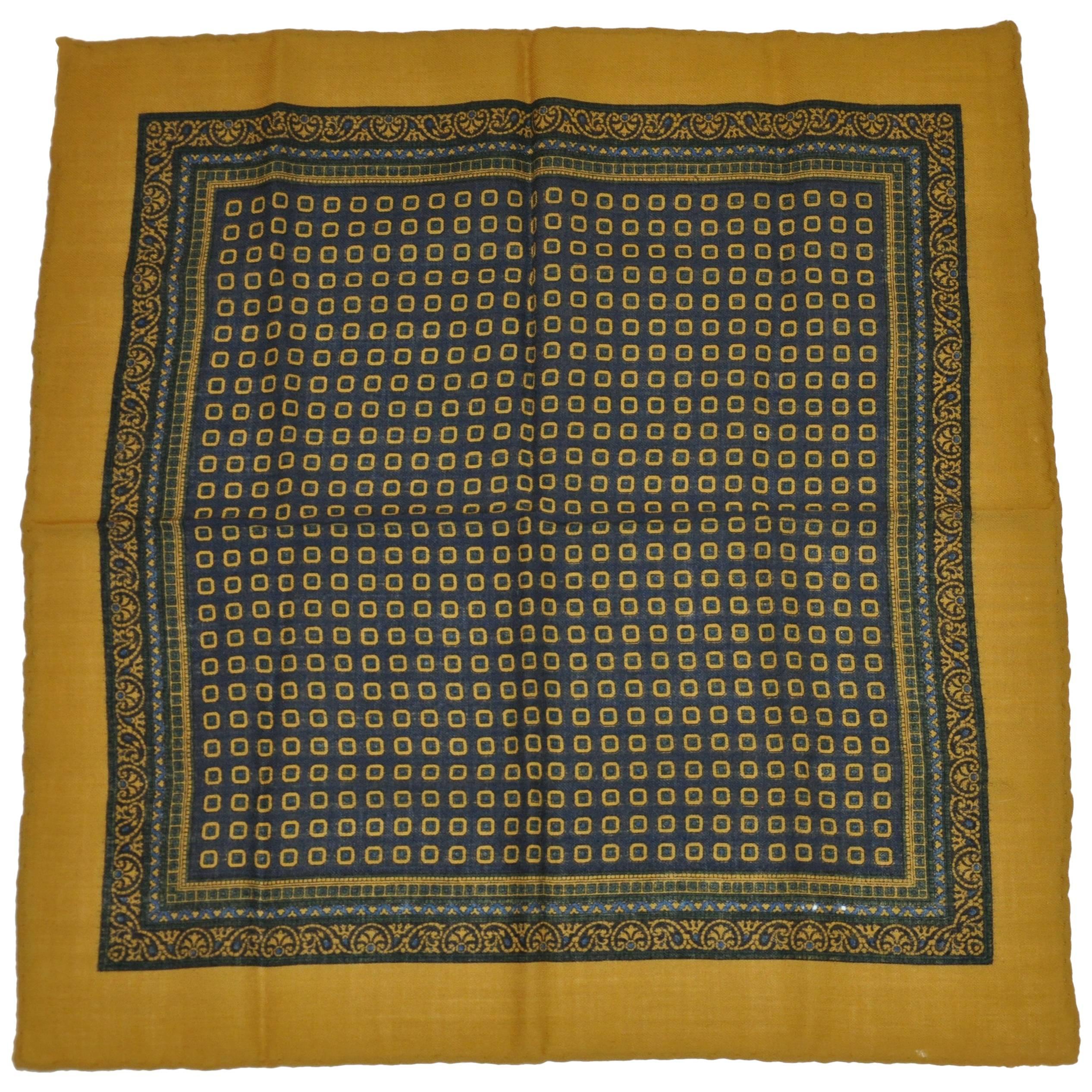 Wool Challis and Silk Handkerchief with Olive Border and Multicolored Center  For Sale