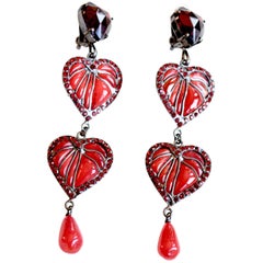 Vintage Lou Lou de la Falaise red Gripoix glass heart earrings, 1980s