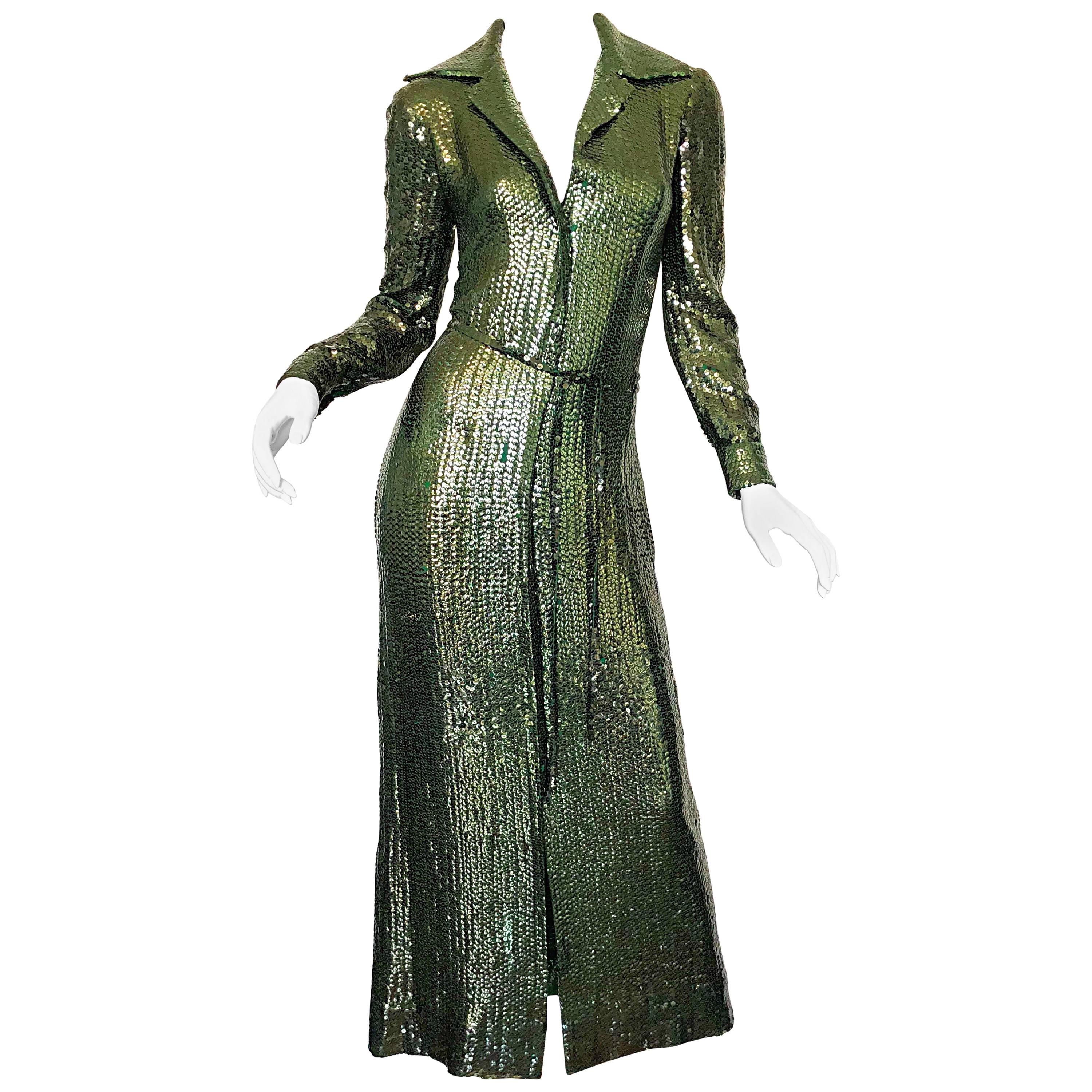 1970s Halston Hunter Forest Green Silk Chiffon Sequined Belted Vintage 70s Gown