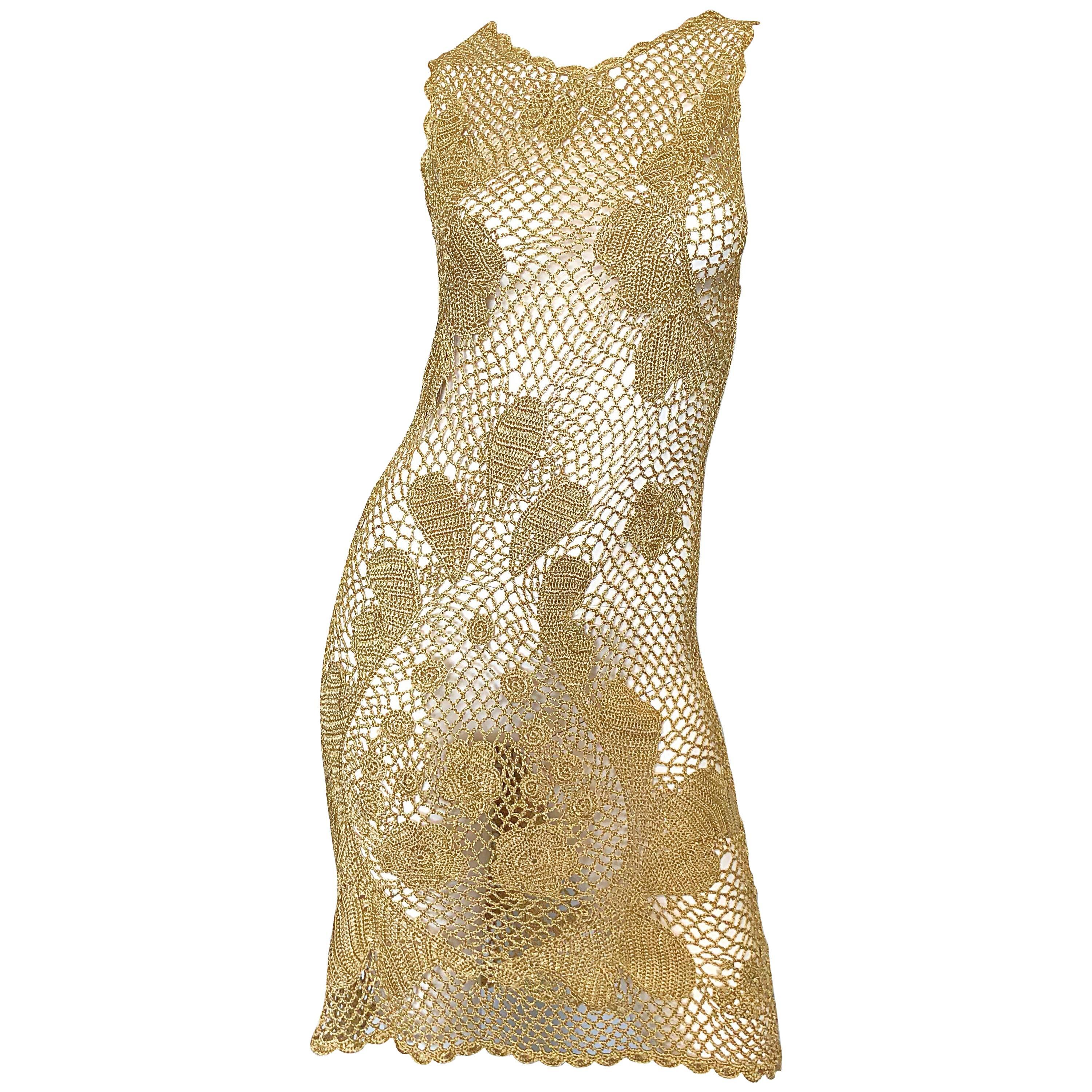 1970s Gold Metallic Hand Crochet Vintage 70s Sexy Sheer Rayon Dress