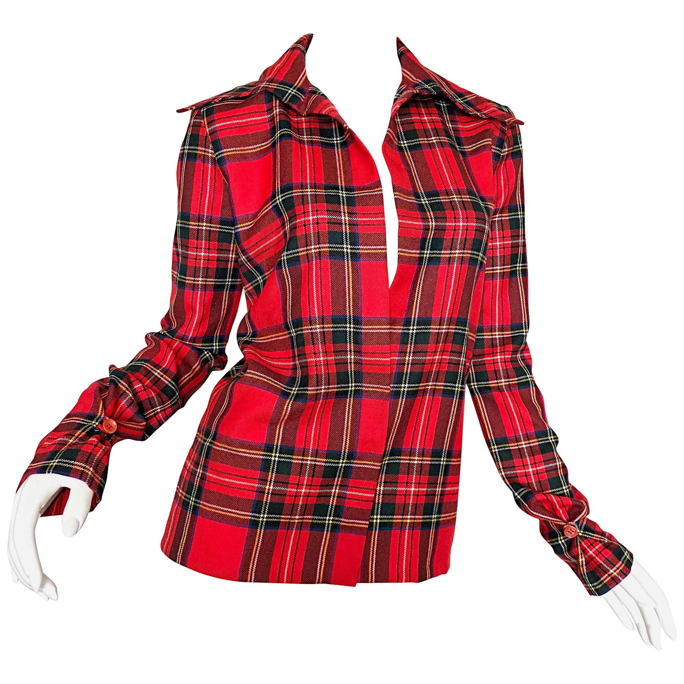 Dolce & Gabbana 1990s Red Tartan Plaid Virgin Wool 90s Plunging Flannel Shirt For Sale