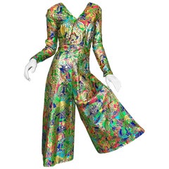 Vintage Amazing 1970s Long Sleeve Psychedelic Paisley 70s Wide Leg Palazzo Jumpsuit