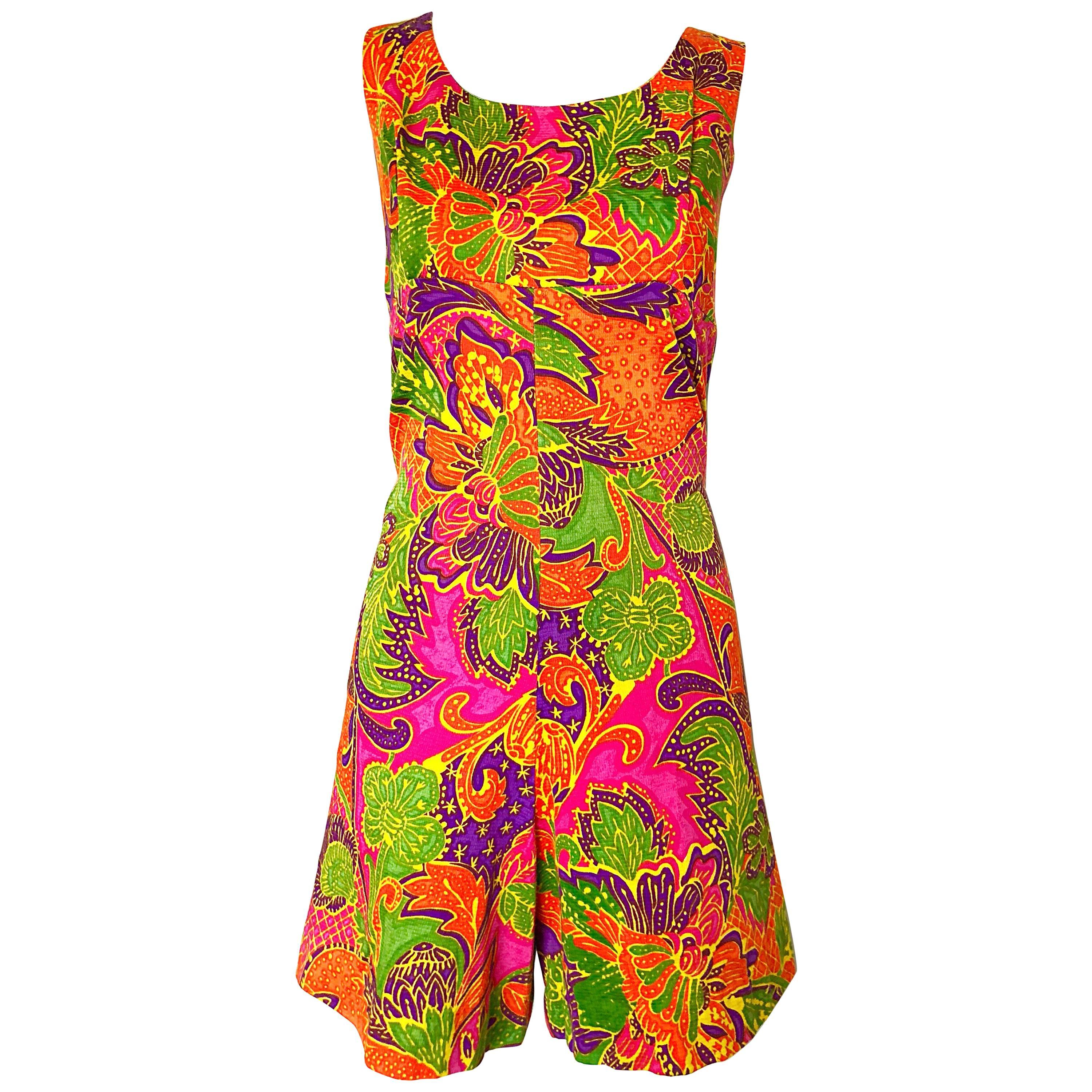 1960s Alfred Shaheen Romper Brightly Colored Tropical Hawaiian One Piece 60s