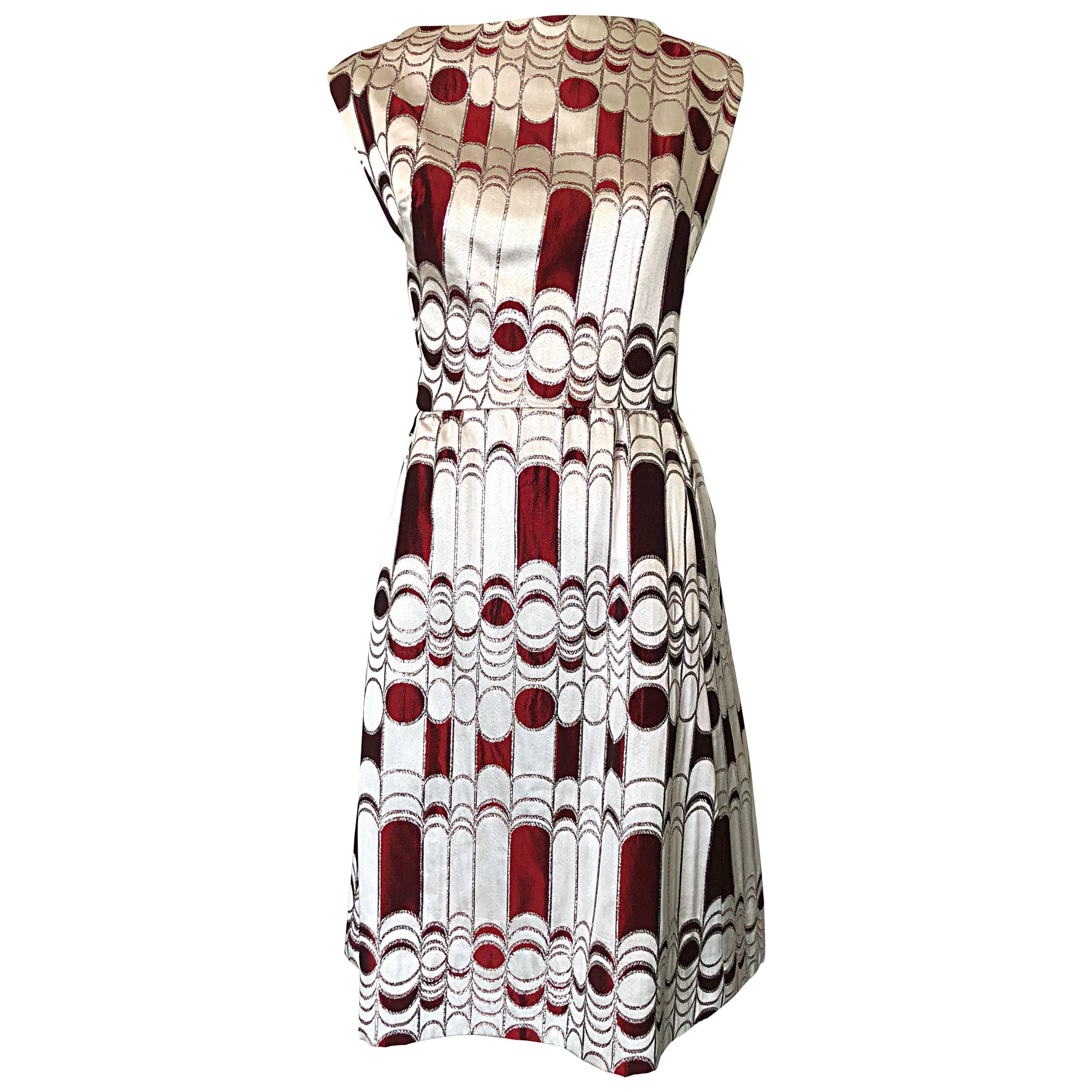 Joseph Magnin 1960s Silver + Burgundy Op - Art Abstract Silk 60s A - Line Dress