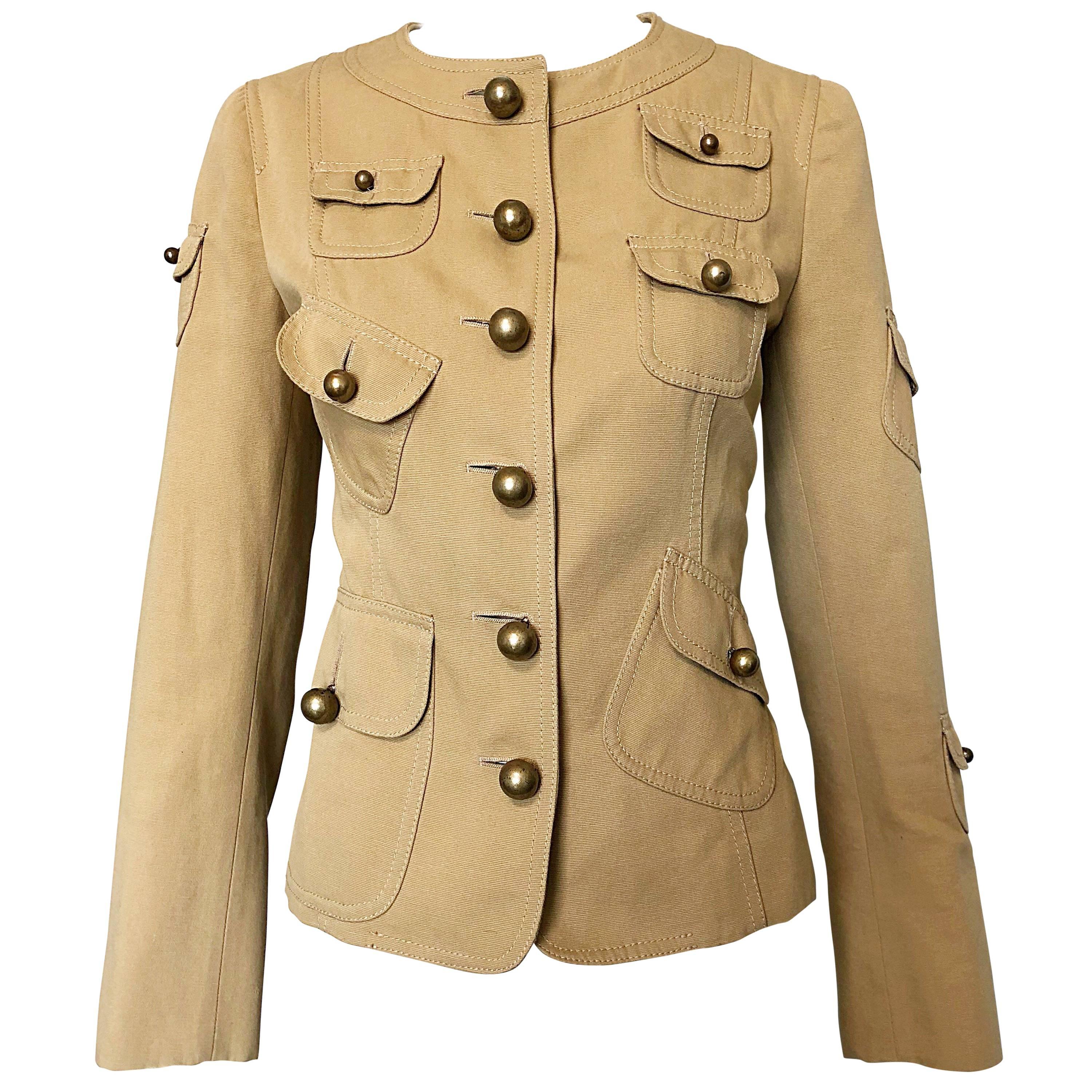 Vintage Moschino Cheap & Chic 1990s Size 6 Khaki Cotton Military Inspired Jacket For Sale