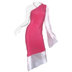 Chic 1960s Pink One Shoulder Asymmetrical Hem Bell Sleeve Vintage 60s Silk Dress