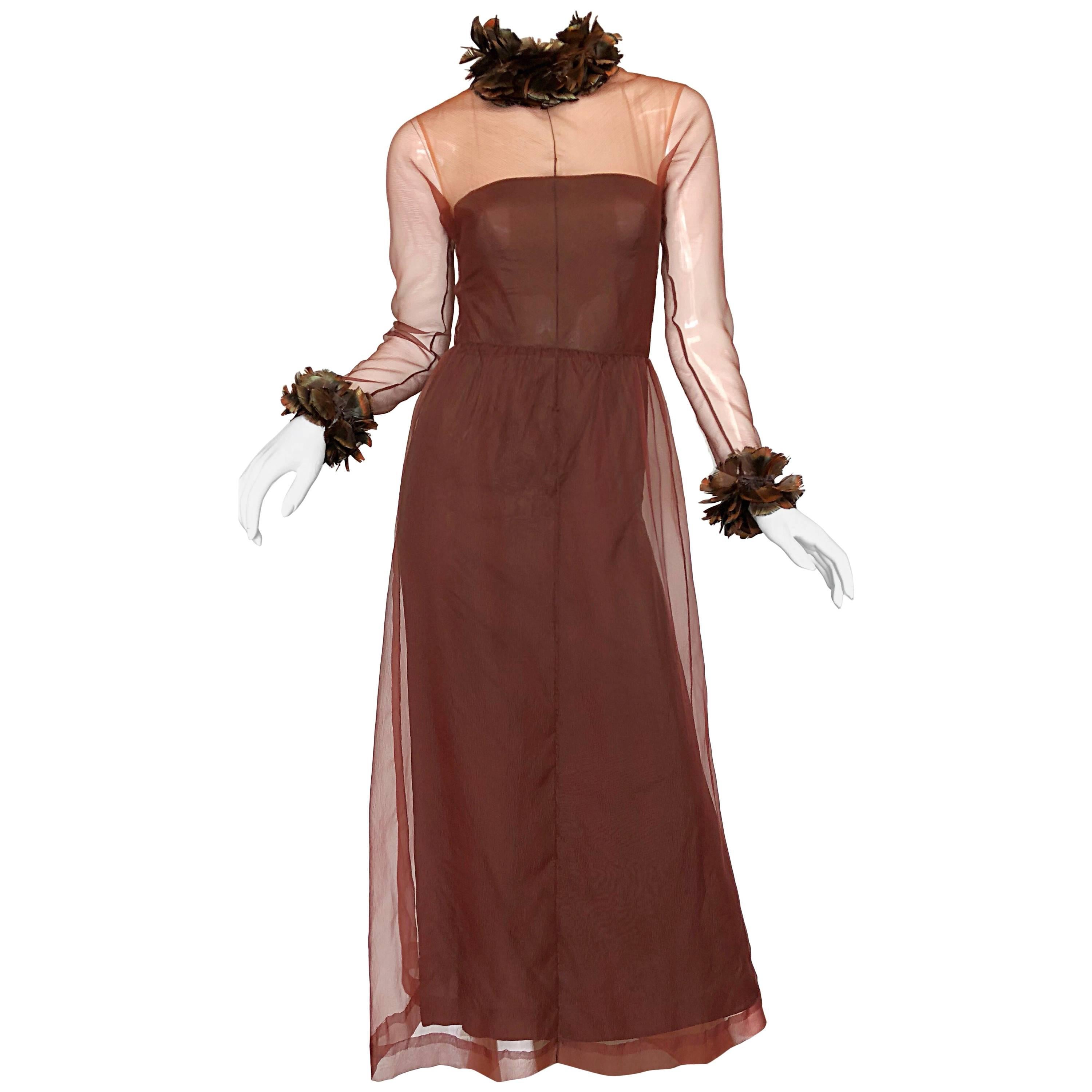 Vintage Givenchy Couture Numbered 1970s Chocolate Brown Feathered Chiffon Gown