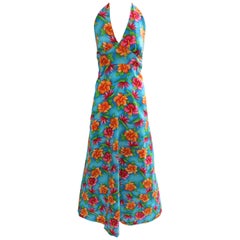 70s Hilo Hattie Pomare Halter Dress Maxi Bold Hawaiian Floral Print Festival 16