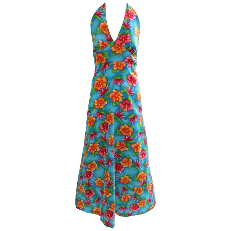 70s Hilo Hattie Pomare Halter Dress Maxi Bold Hawaiian Floral Print ...