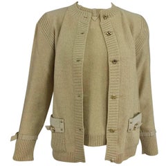 Magdeleine Poncet tan wool knit metal & ultra suede twin set 1970s