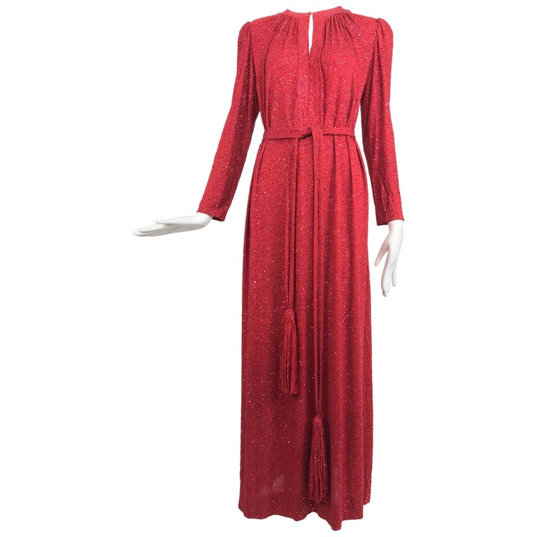 Racine Paris red silk jersey glitter maxi dress with tassel belt 1970s ...