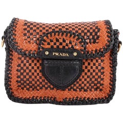 Prada Push Lock Flap Umhängetasche Madras gewebtes Leder klein