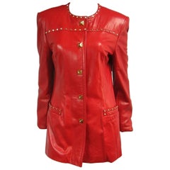 1990s Red Leather Escada Gold Studded Blazer Jacket