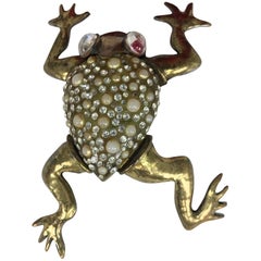 Vintage Fabrice Paris huge frog pin rhinestone pearl gold metal