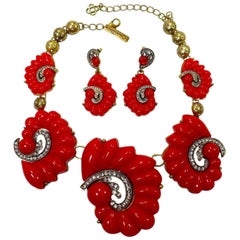 Authentic Oscar de la Renta Statement Red Shell Necklace Earrings