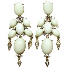 Unsigned Oscar de la Renta Pierced White & Rhinestone Dangling Earrings