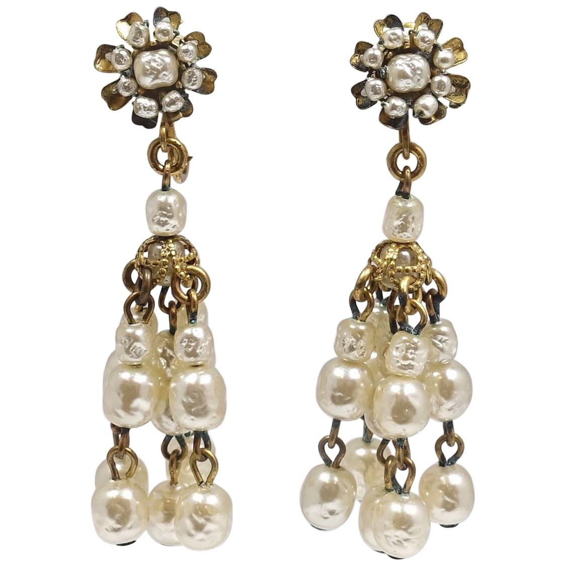 Vintage Signed Miriam Haskell Baroque Faux Pearl Drop Earrings