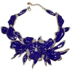 Unsigned Oscar De La Renta Deep Cerulean Blue Enameled Orchid Necklace