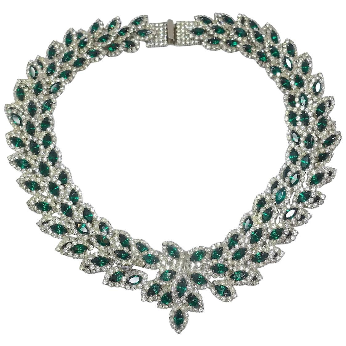 Vintage 1960s Signed Les Bernard Green & Clear Crystal Necklace For Sale