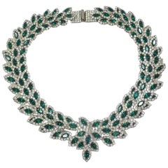 Retro 1960s Signed Les Bernard Green & Clear Crystal Necklace