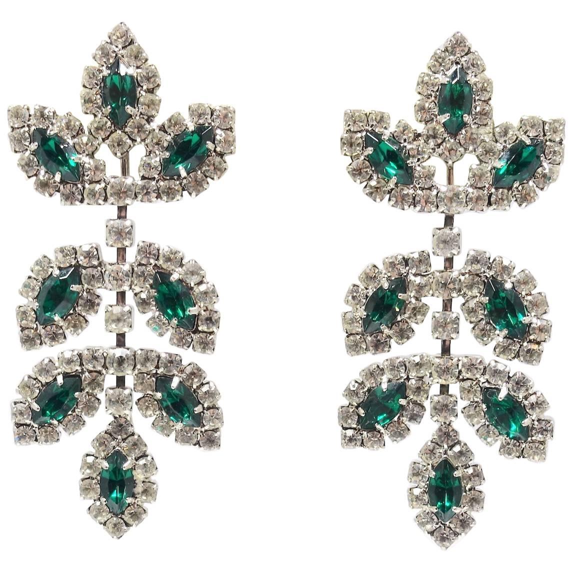 Signed Kenneth Lane Green & Clear Crystal Earrings