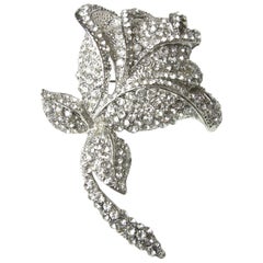 Large Clear Rhinestone Rose Floral Brooch