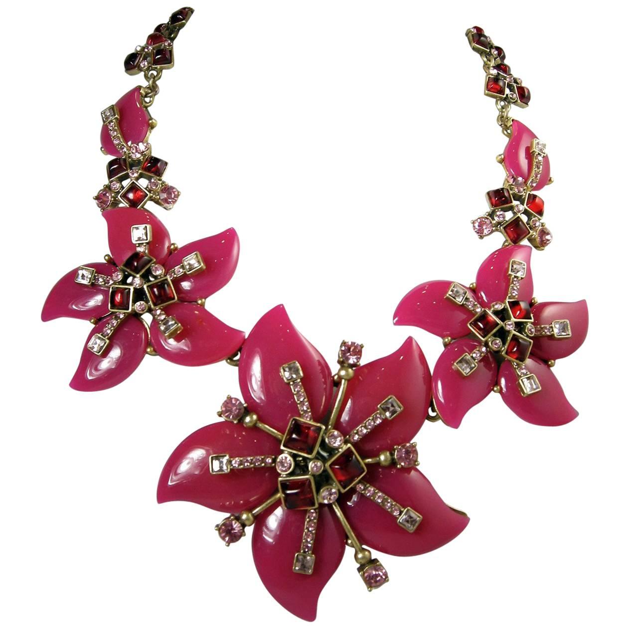 Oscar de la Renta Hot Pink Floral Necklace