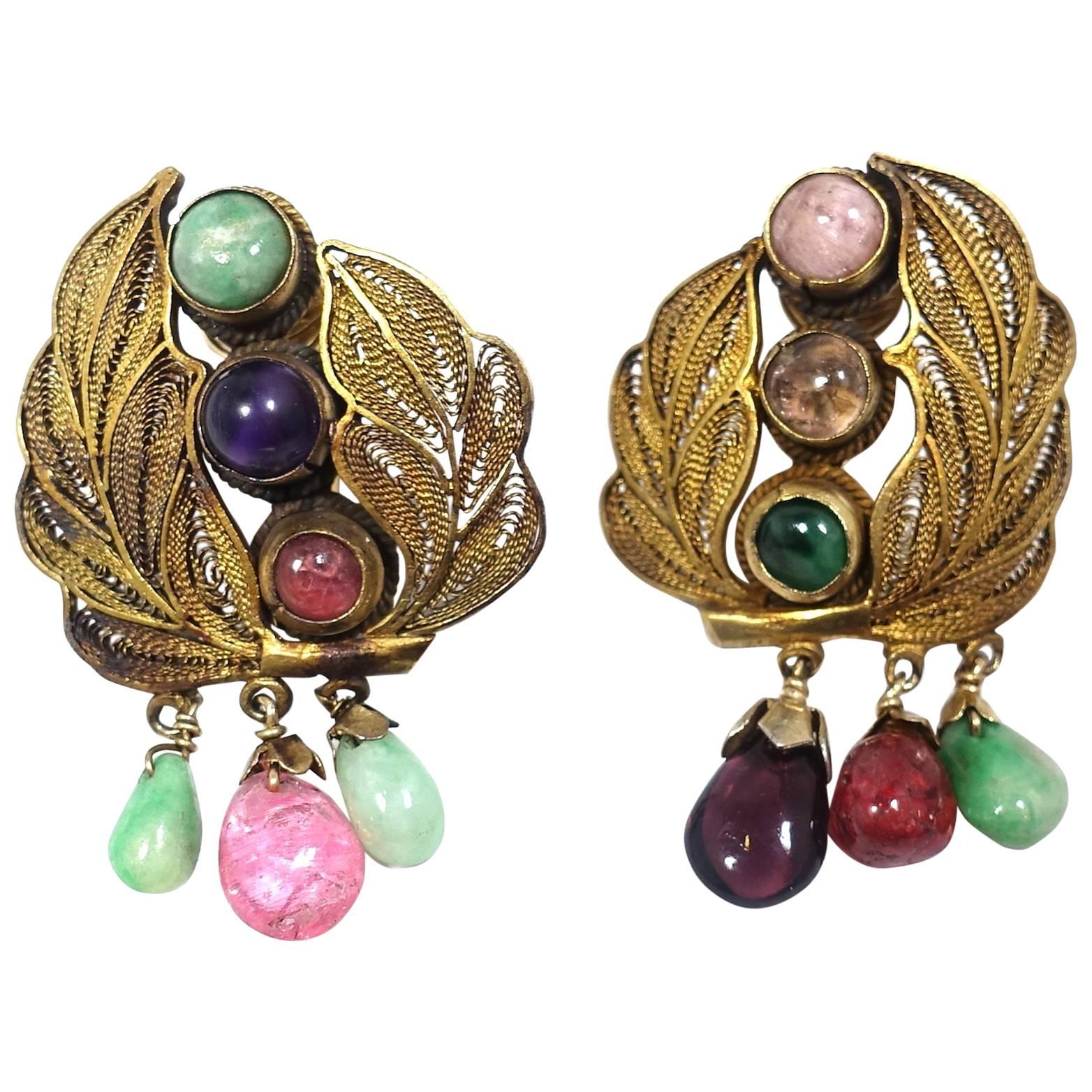 Vintage “Good Luck” All Original Multi-Gemstone Drop Earrings