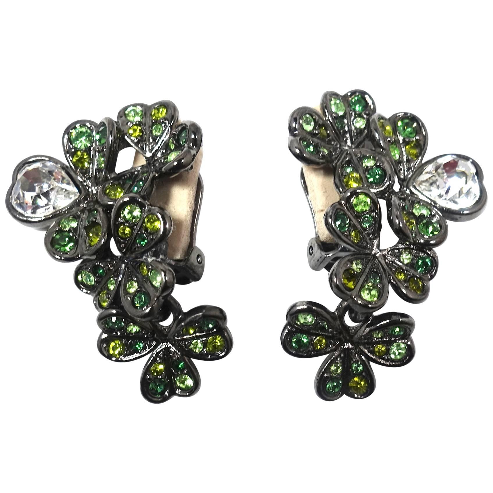 Signed Kenneth Jay Lane Green Rhinestone 4-Leaf Clover & Heart Earrings For Sale