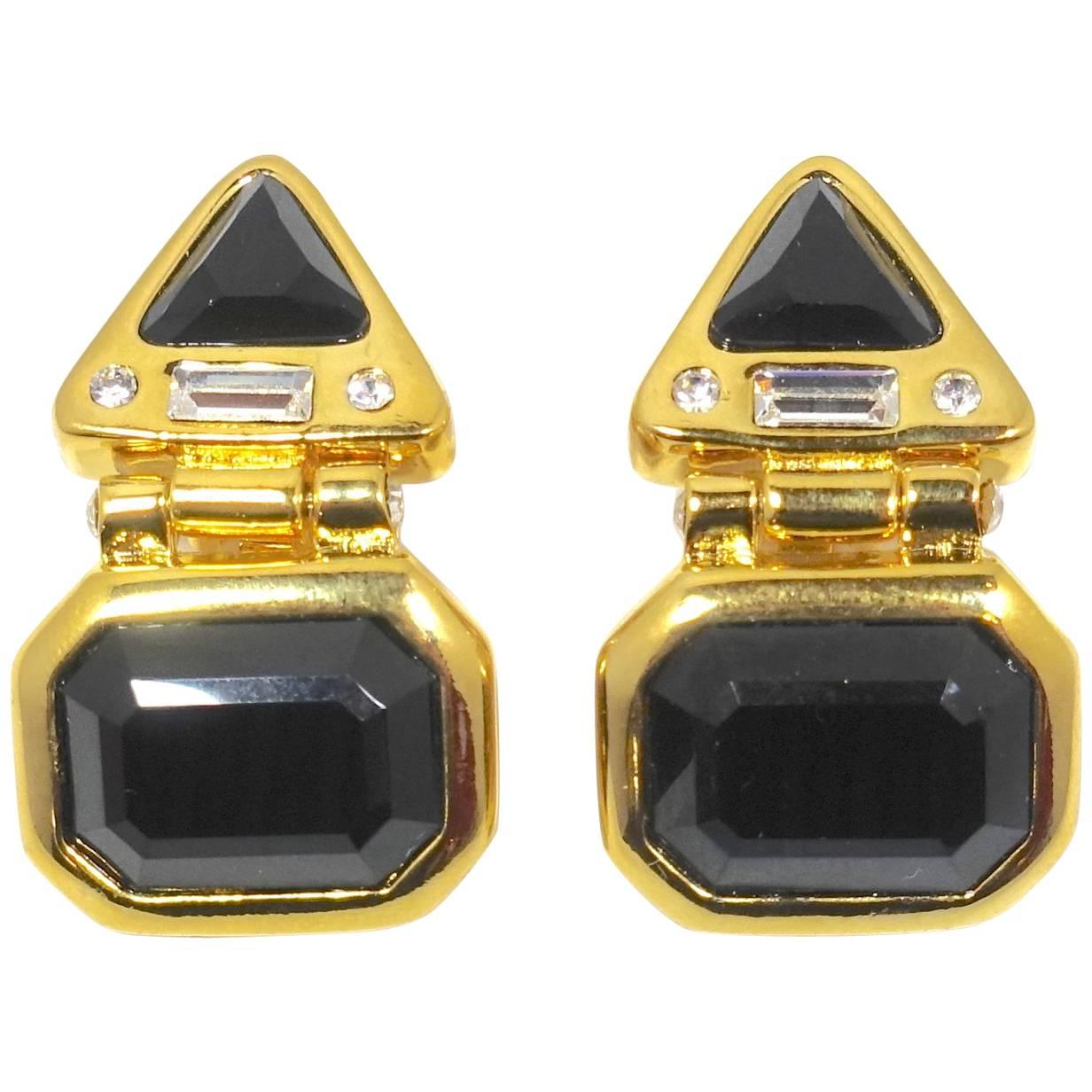 Kenneth Jay Lane Signed Black and Clear Rhinestone Earrings For Sale