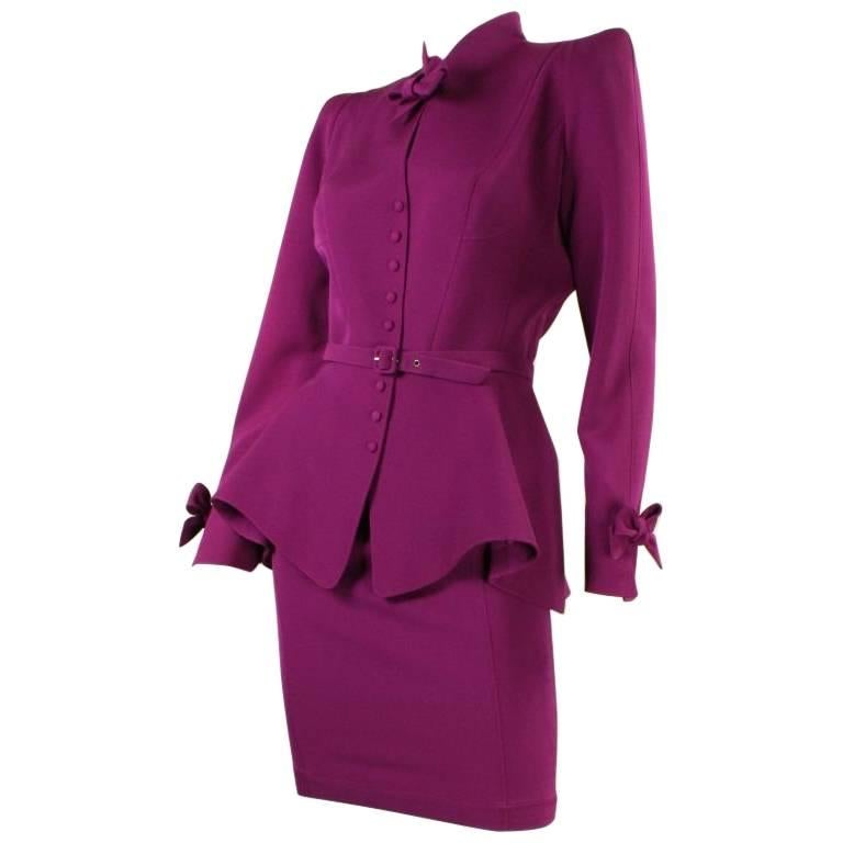 1990's Thierry Mugler Wool Skirt Suit with Bow Detailing  For Sale