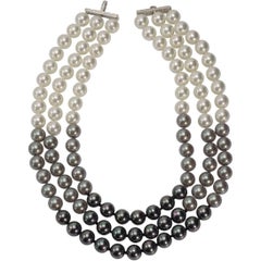 Elegant Triple Strand Shaded White Tahitian Black Faux Pearl Necklace