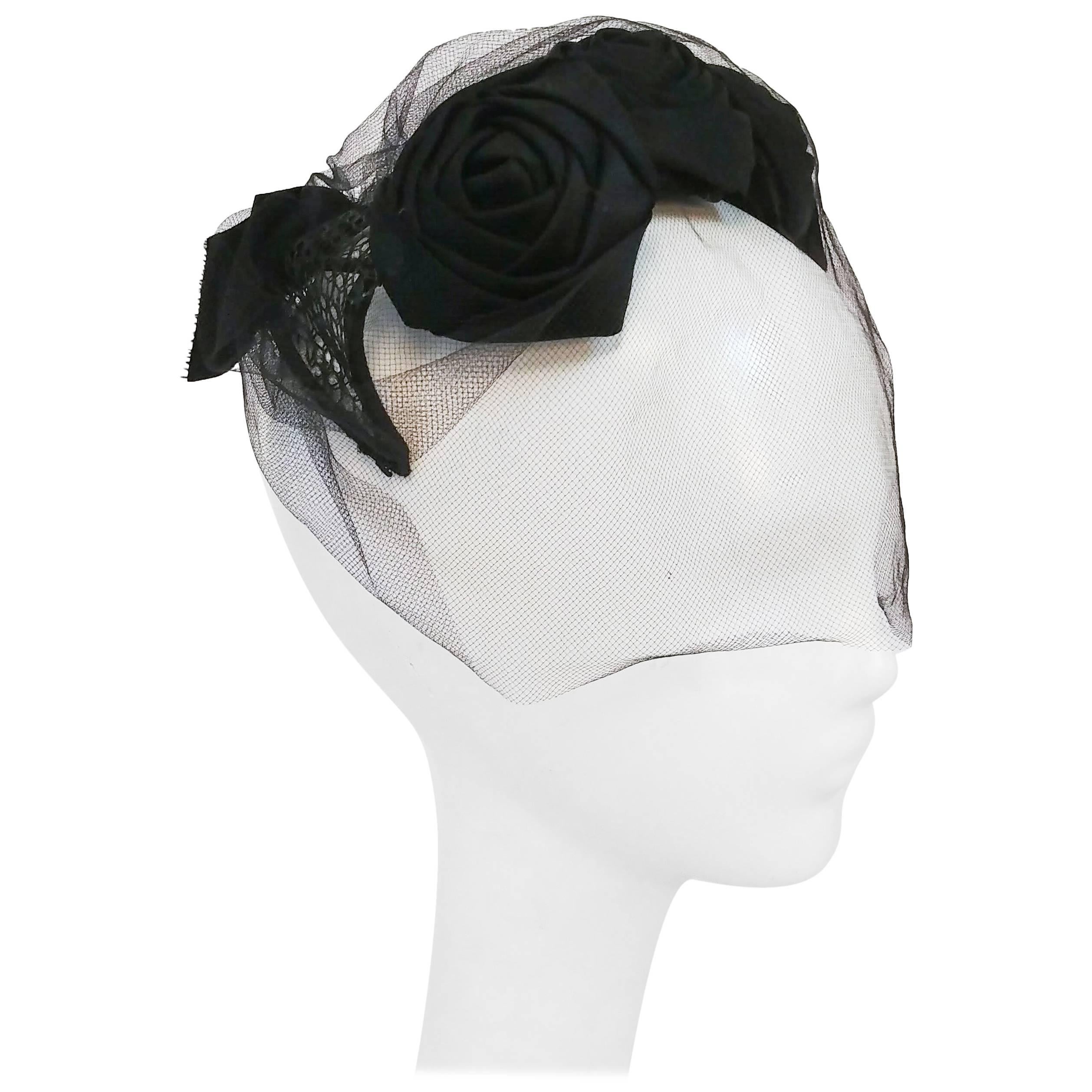 1950s Black Rose Cocktail Hat w/ Veil