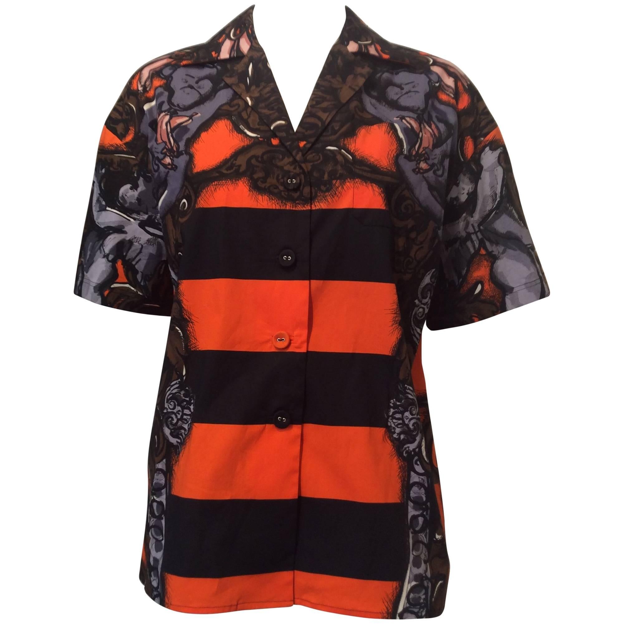 Prada Short Sleeved Oversized Buttondown Orange Black Monkey Shirt Sz38 (Us2)