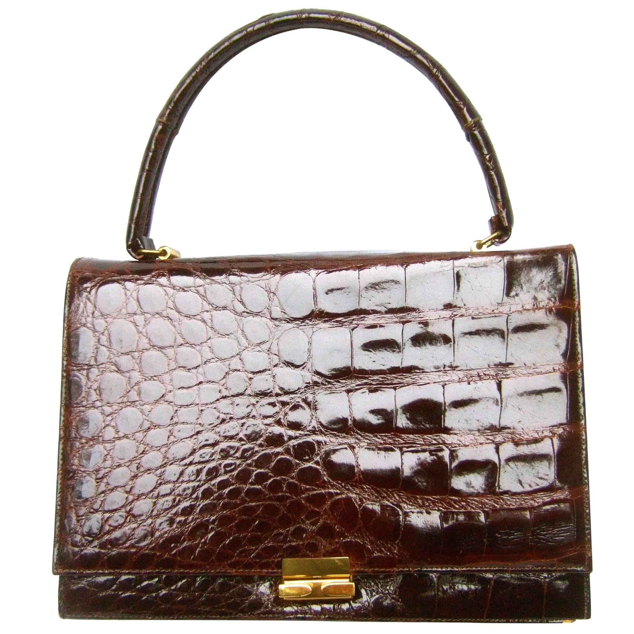 Luxurious Brown Glazed Genuine Alligator Handbag circa 1960