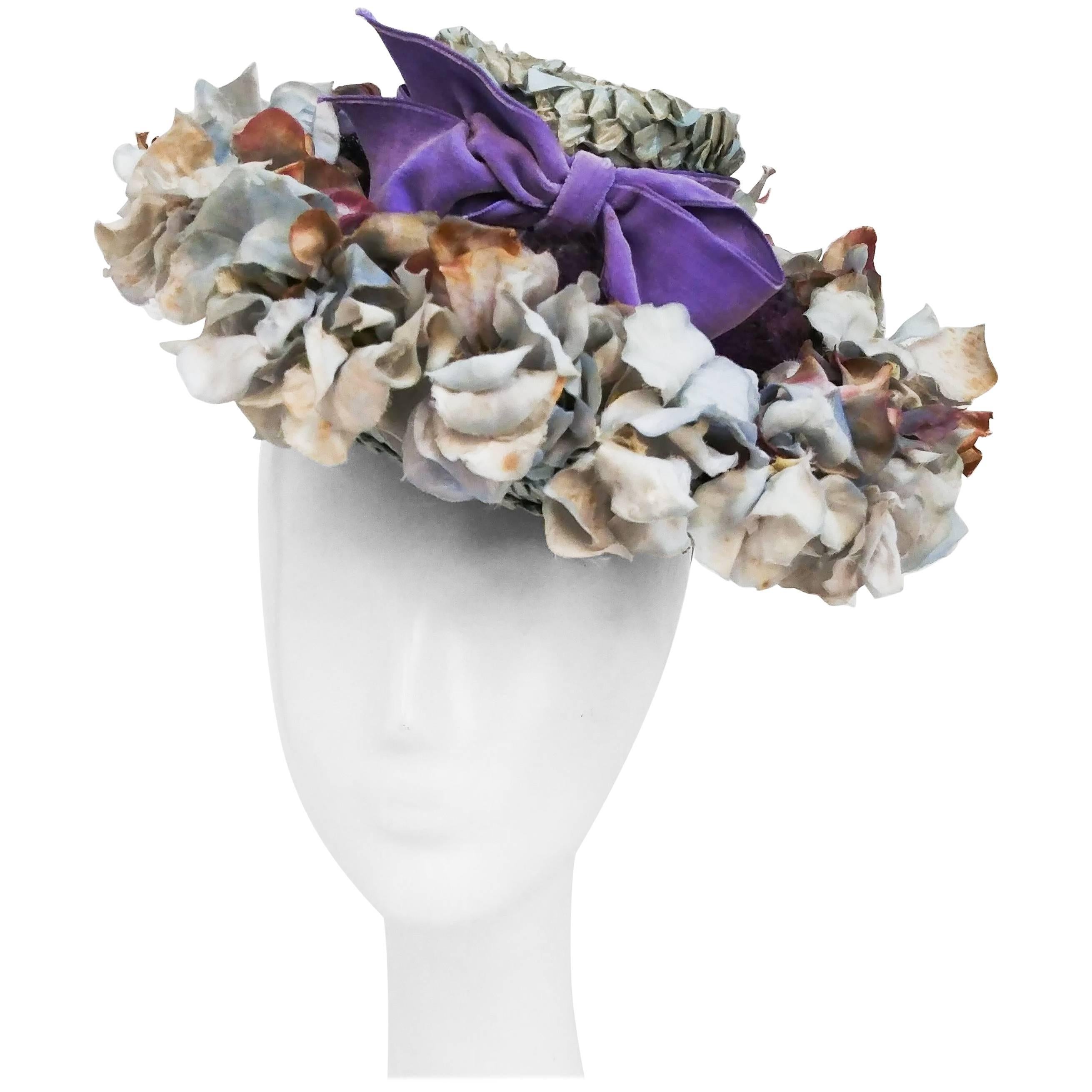 Flower Hat with Lavender Velvet Ribbon, 1940s 