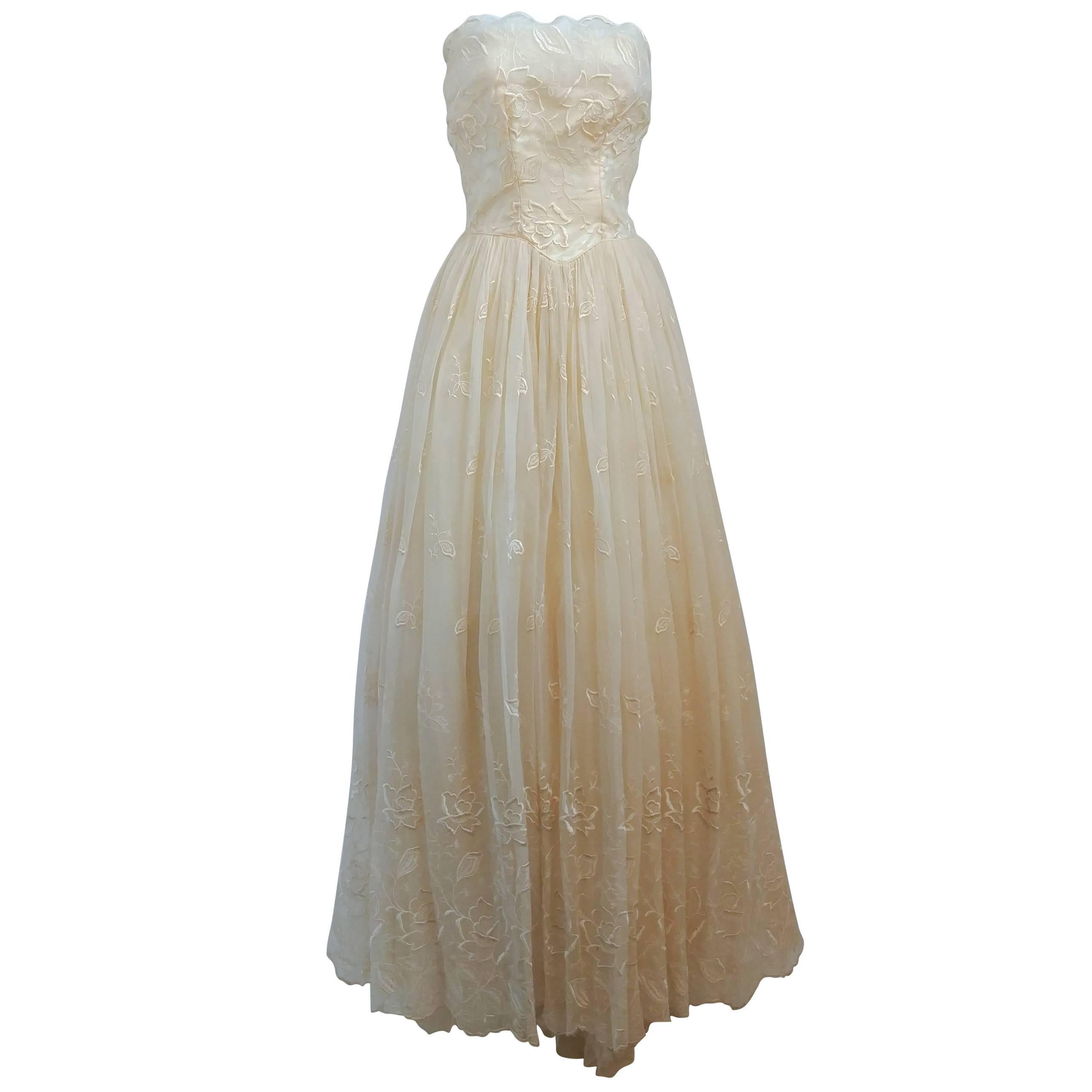 1950s Ivory Strapless Embroidered Lace Gown