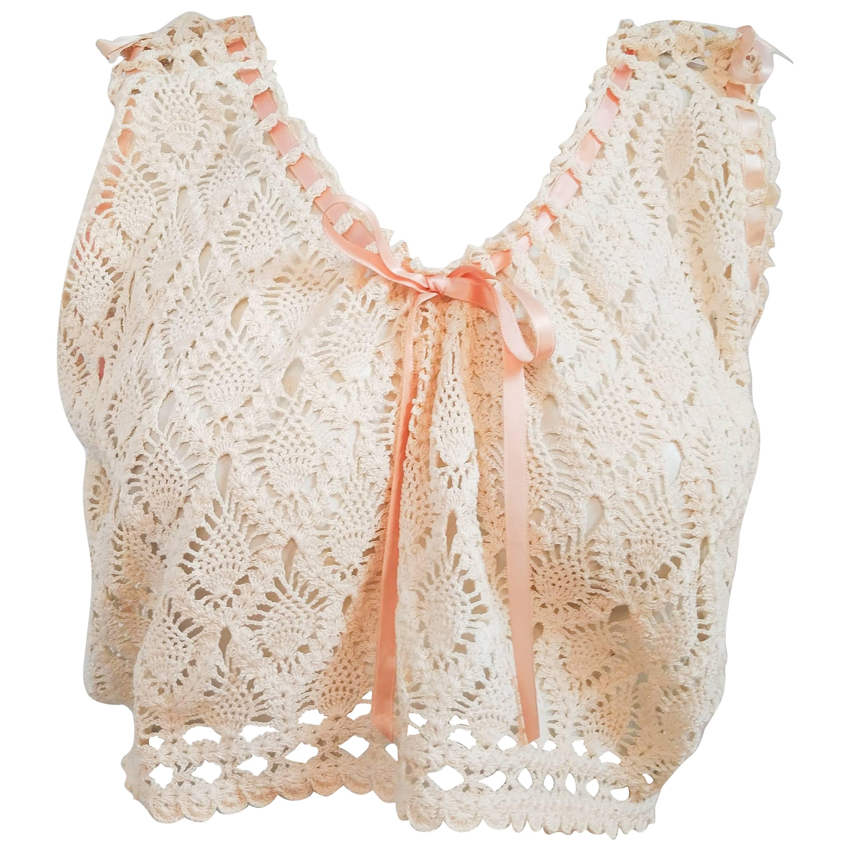 1900s Crochet Lace Cropped Camisole w/ Pink Ribbon