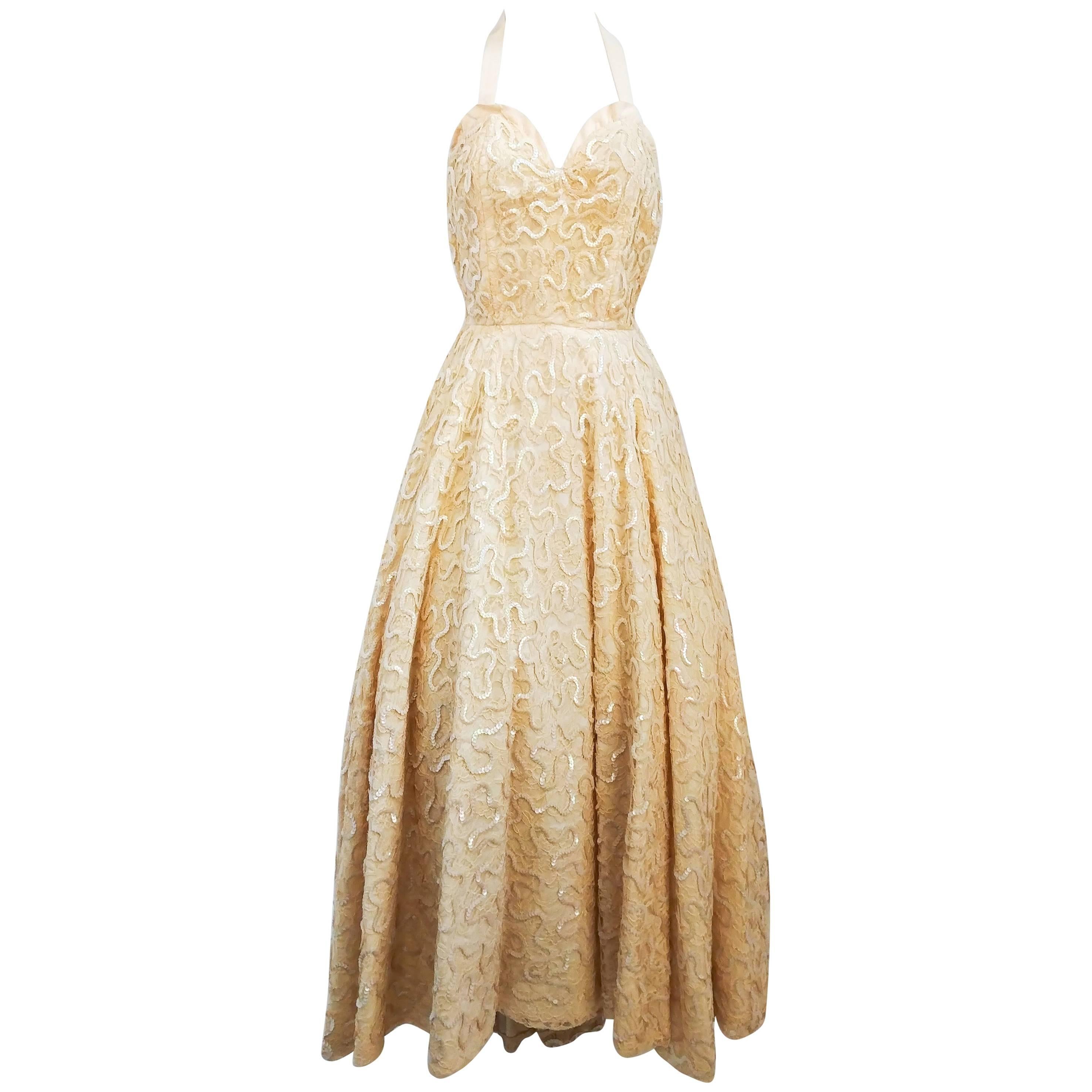 Ivory Sequin Halterneck Gown, 1950s  For Sale