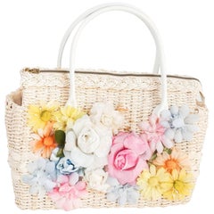 1970s Pastel Floral Straw Handbag