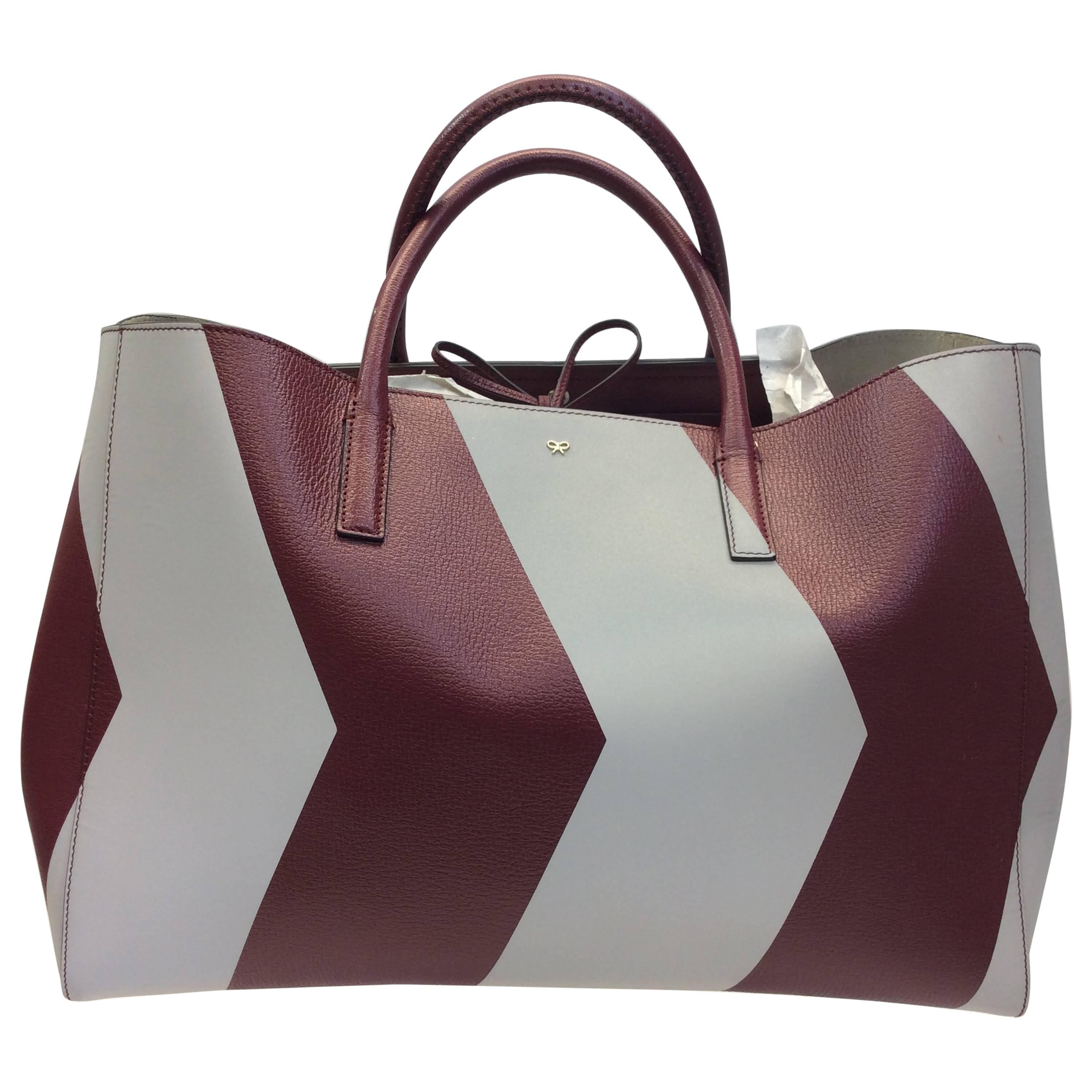 Anya Hindmarch Burgandy and Grey Tote For Sale