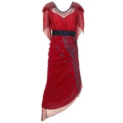 1980s Zandra Rhodes Red Silk Print Dress with Pearls