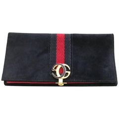 Retro 1970s Gucci Navy Blue Suede Wallet 