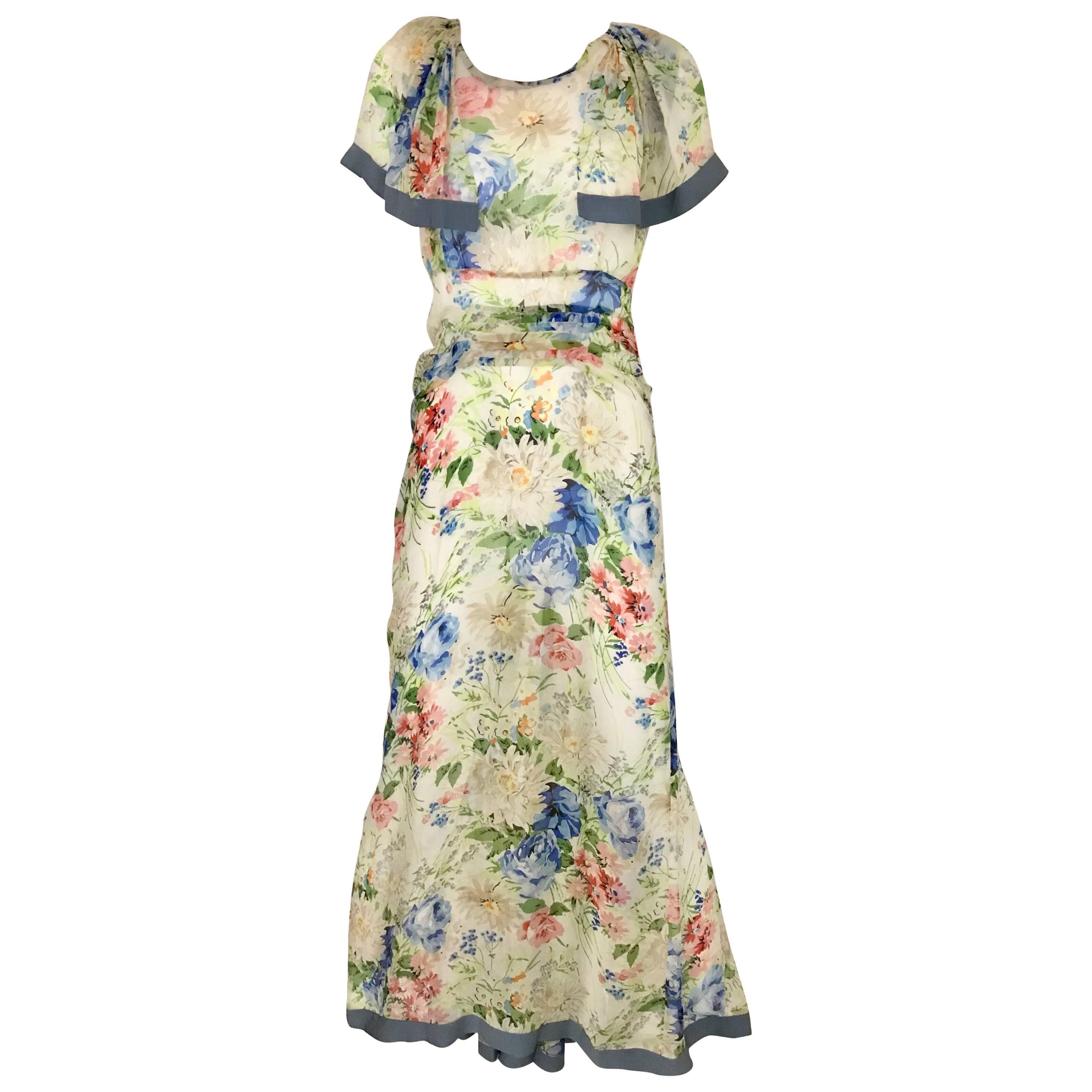 1930s Floral Print Silk Dress